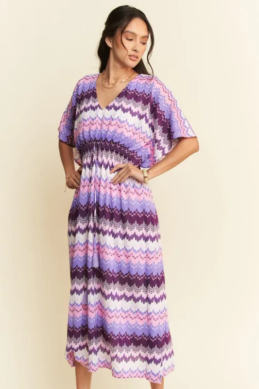 Davi & Dani Multi Color Wavy Tie Waist Flowy Sleeve Dress.