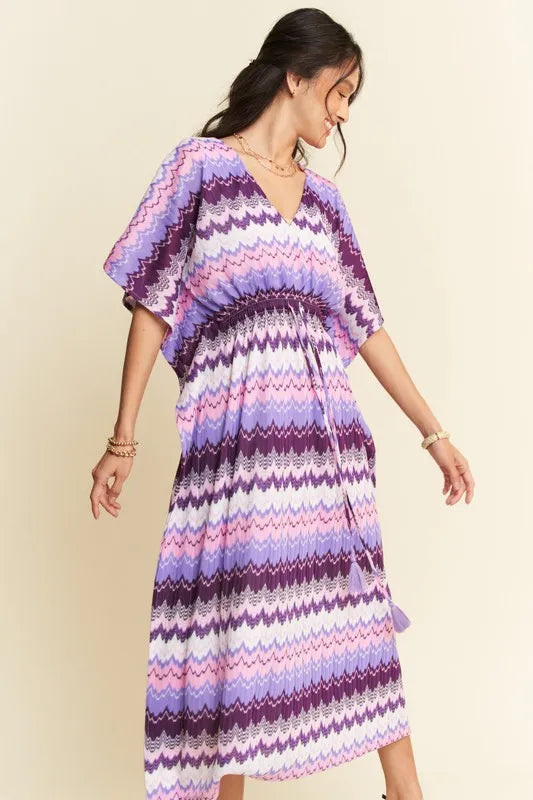 Davi & Dani Multi Color Wavy Tie Waist Flowy Sleeve Dress.