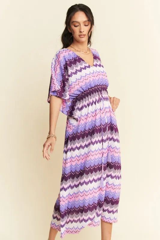Davi & Dani Multi Color Wavy Tie Waist Flowy Sleeve Dress.