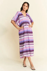 Davi & Dani Multi Color Wavy Tie Waist Flowy Sleeve Dress.