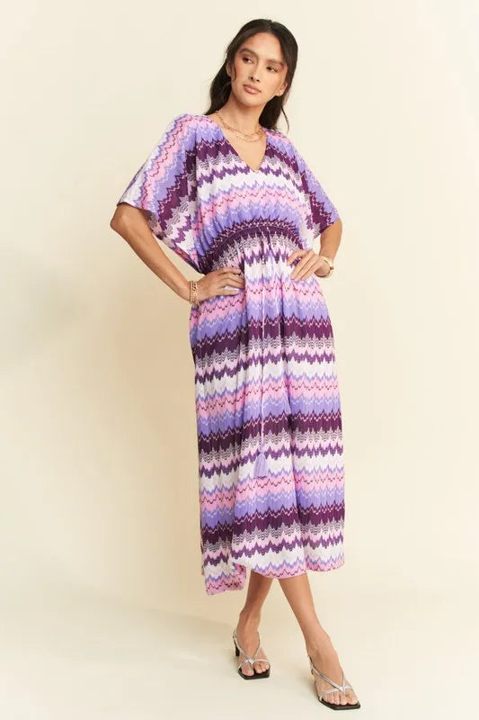 Davi & Dani Multi Color Wavy Tie Waist Flowy Sleeve Dress.