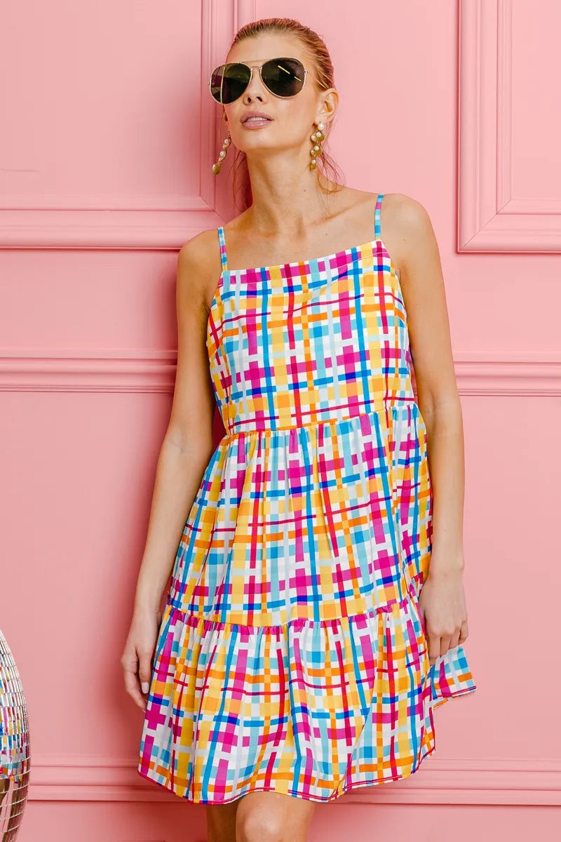 Bibi Multi Colors Plaid Sleeveless Sun Dress.