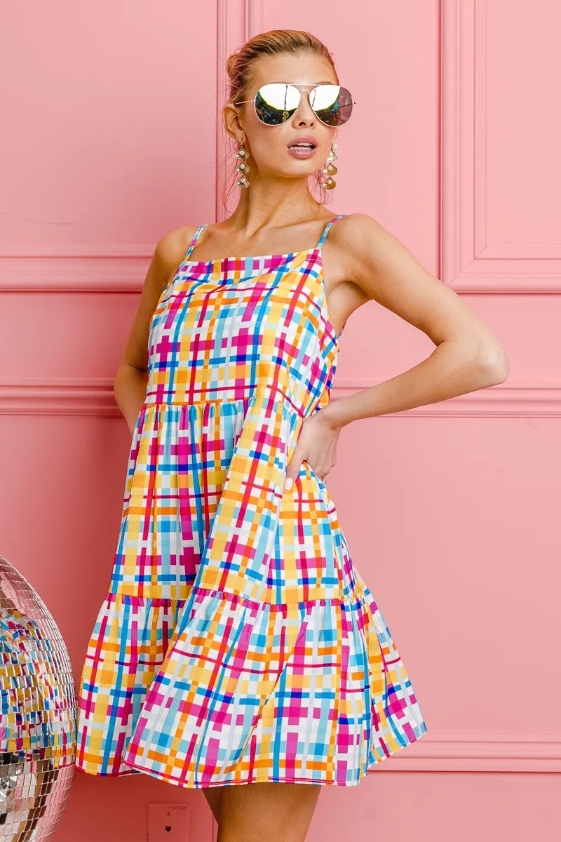 Bibi Multi Colors Plaid Sleeveless Sun Dress.
