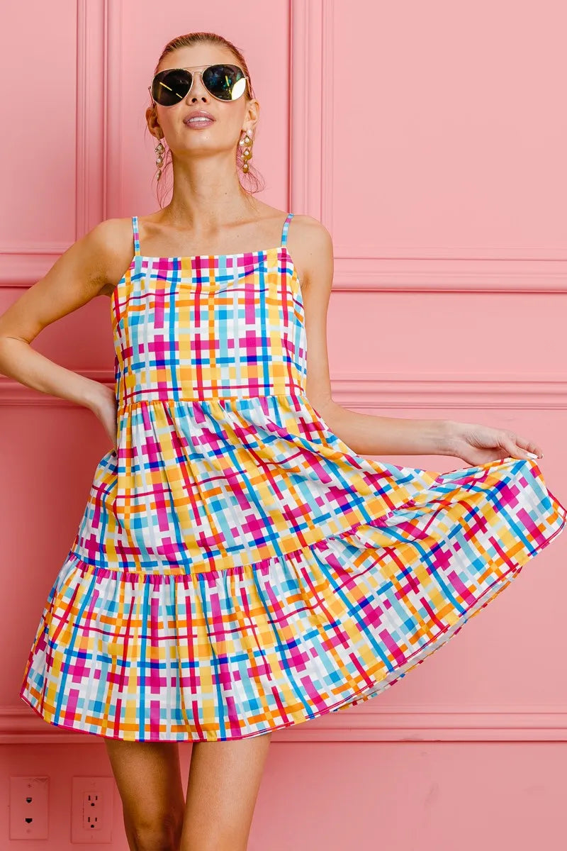 Bibi Multi Colors Plaid Sleeveless Sun Dress.