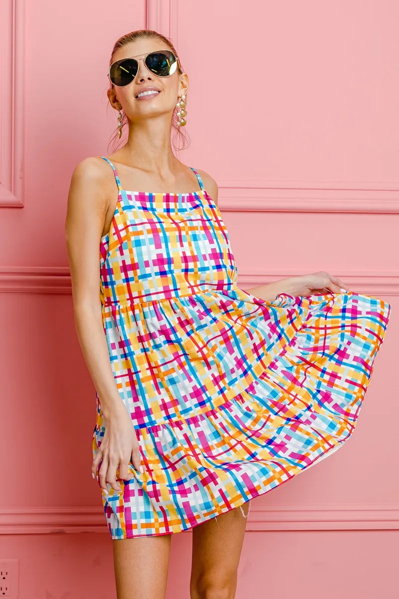 Bibi Multi Colors Plaid Sleeveless Sun Dress.
