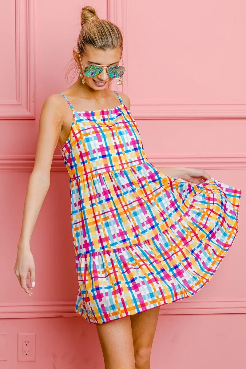 Bibi Multi Colors Plaid Sleeveless Sun Dress.
