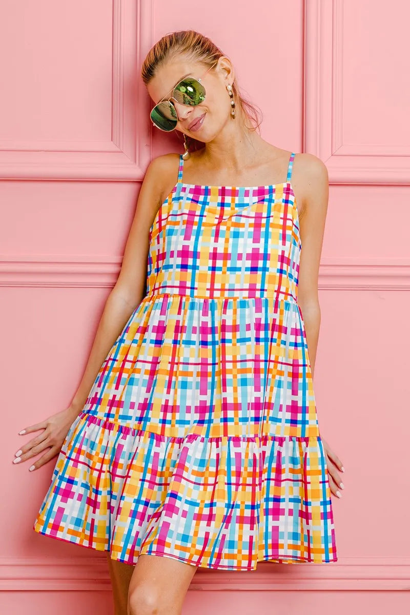 Bibi Multi Colors Plaid Sleeveless Sun Dress.