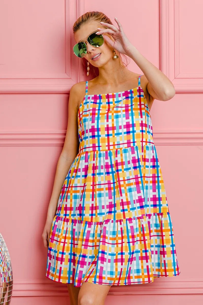 Bibi Multi Colors Plaid Sleeveless Sun Dress.