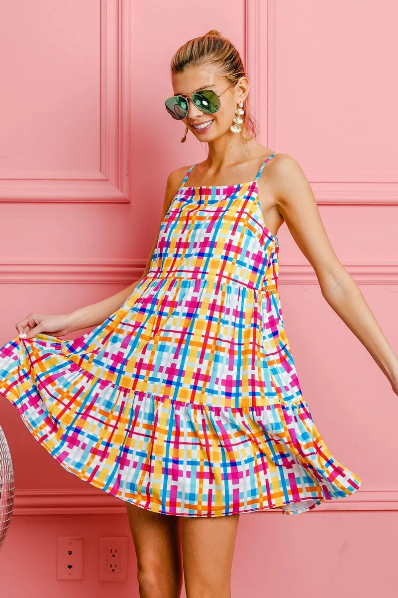 Bibi Multi Colors Plaid Sleeveless Sun Dress.