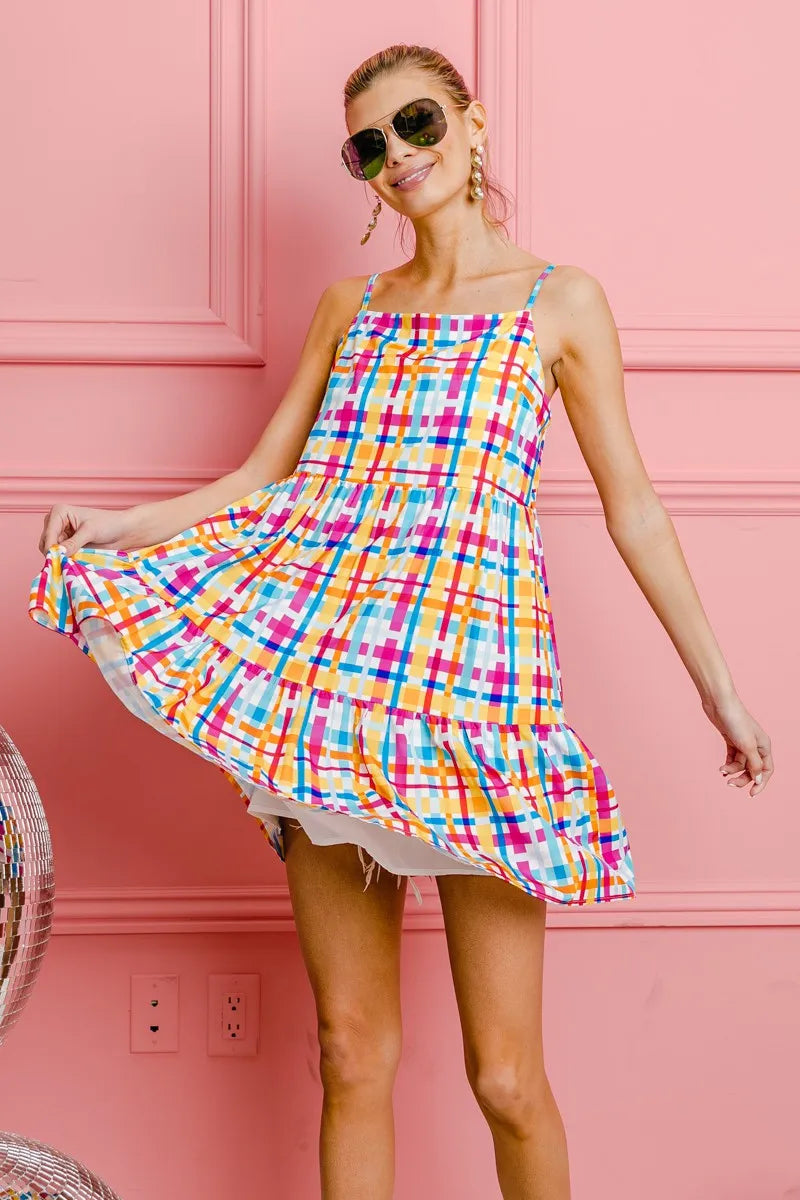 Bibi Multi Colors Plaid Sleeveless Sun Dress.