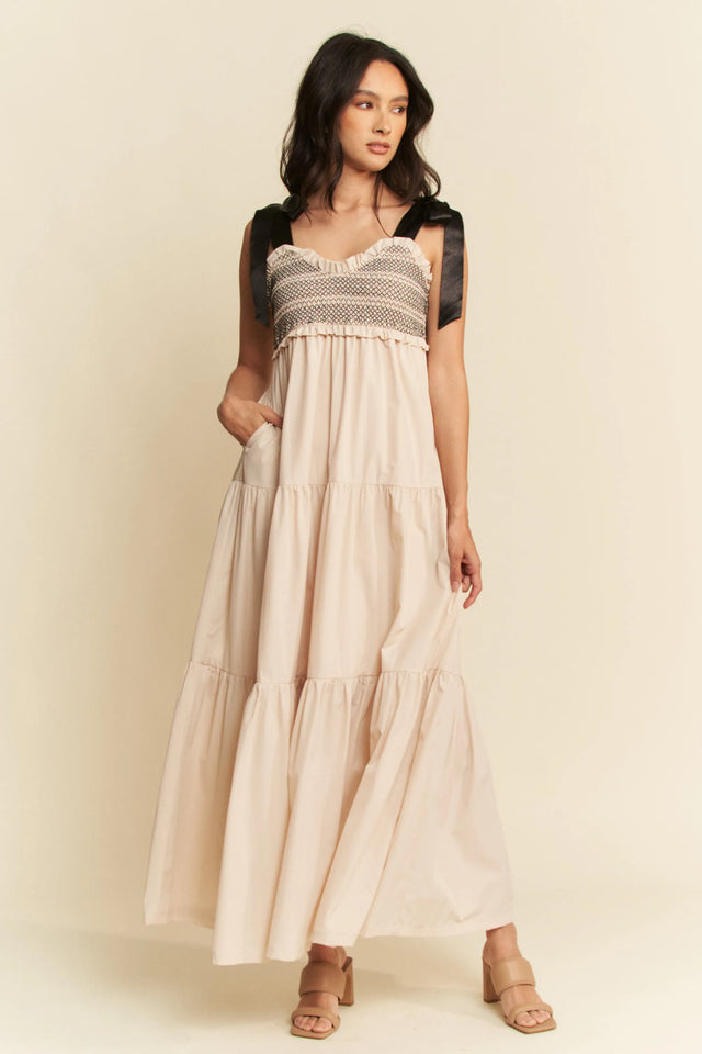 Davi & Dani Multi Contrast Smocked Bodice Straps Maxi Dress.