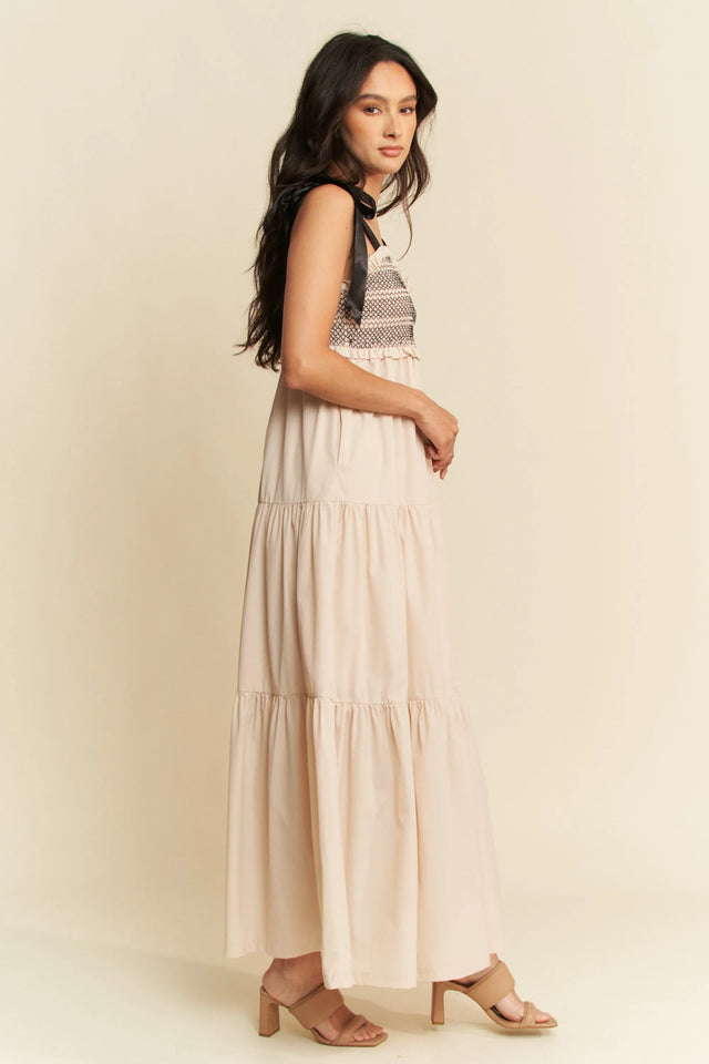Davi & Dani Multi Contrast Smocked Bodice Straps Maxi Dress.