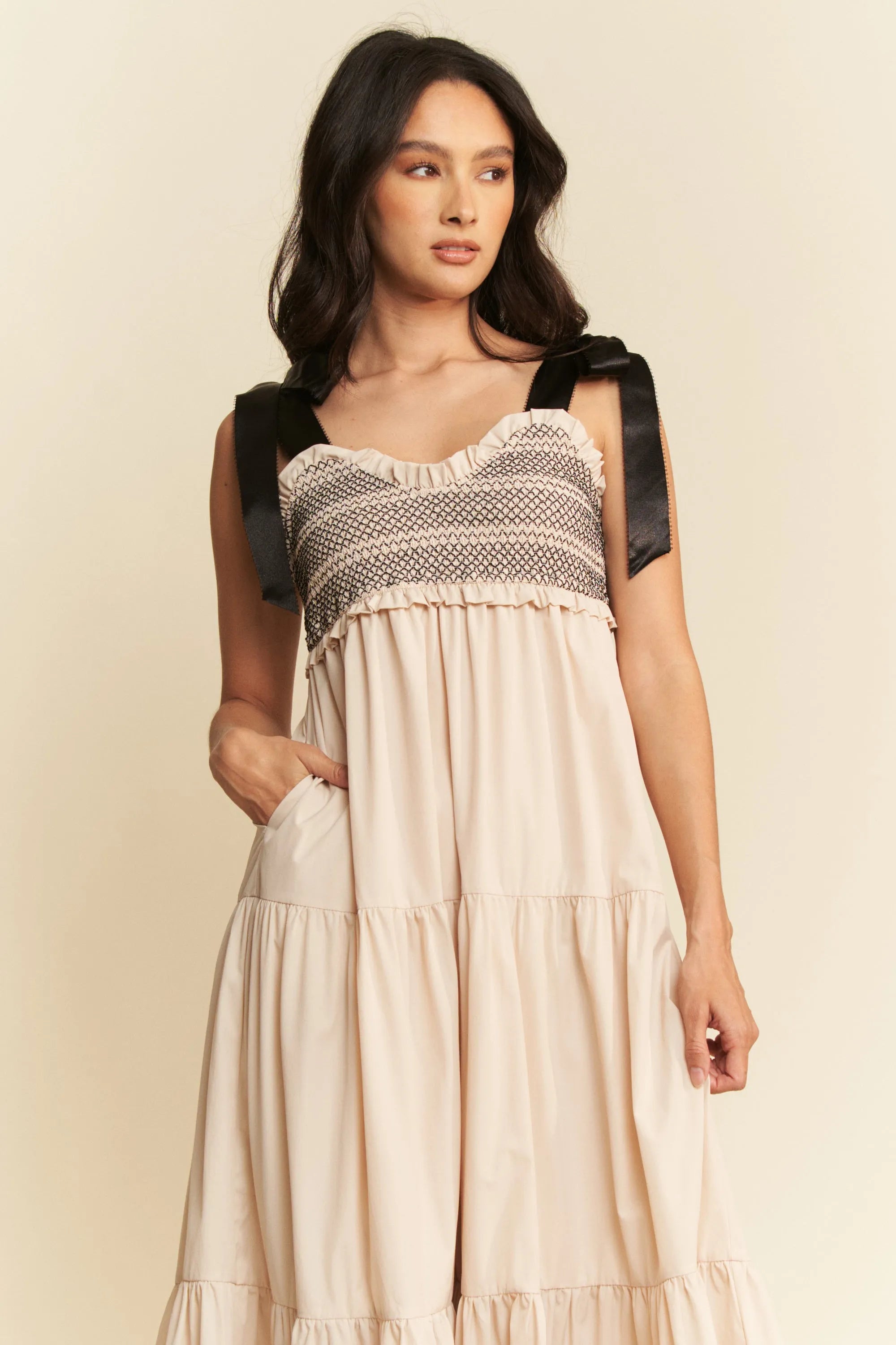 Davi & Dani Multi Contrast Smocked Bodice Straps Maxi Dress.