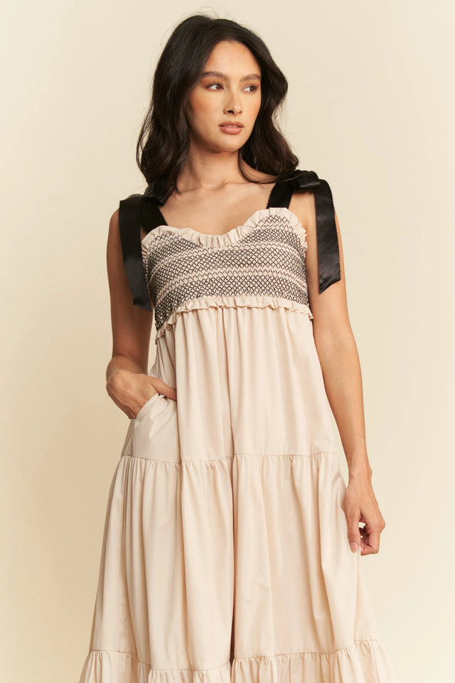 Davi & Dani Multi Contrast Smocked Bodice Straps Maxi Dress.