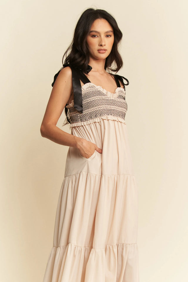 Davi & Dani Multi Contrast Smocked Bodice Straps Maxi Dress.
