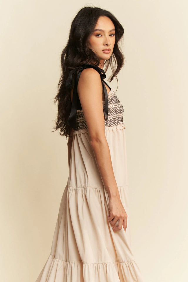 Davi & Dani Multi Contrast Smocked Bodice Straps Maxi Dress.