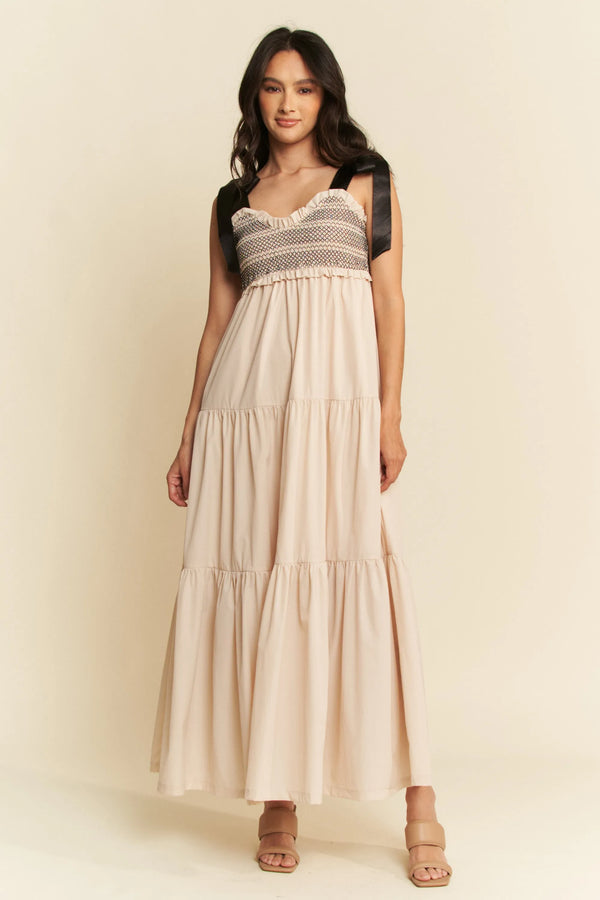 Davi & Dani Multi Contrast Smocked Bodice Straps Maxi Dress.