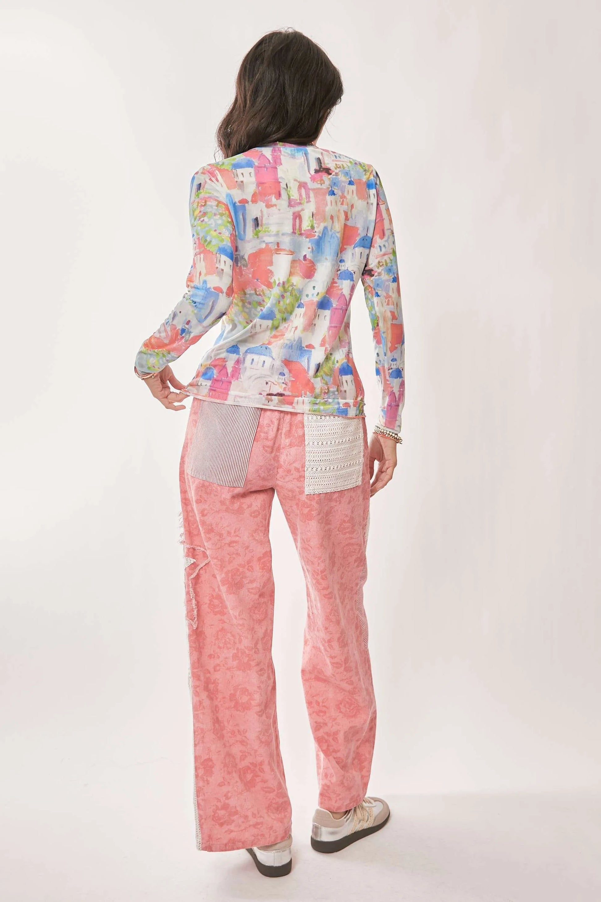 Davi Dani Multi Printed Mesh Round Neck Long Sleeve Top.
