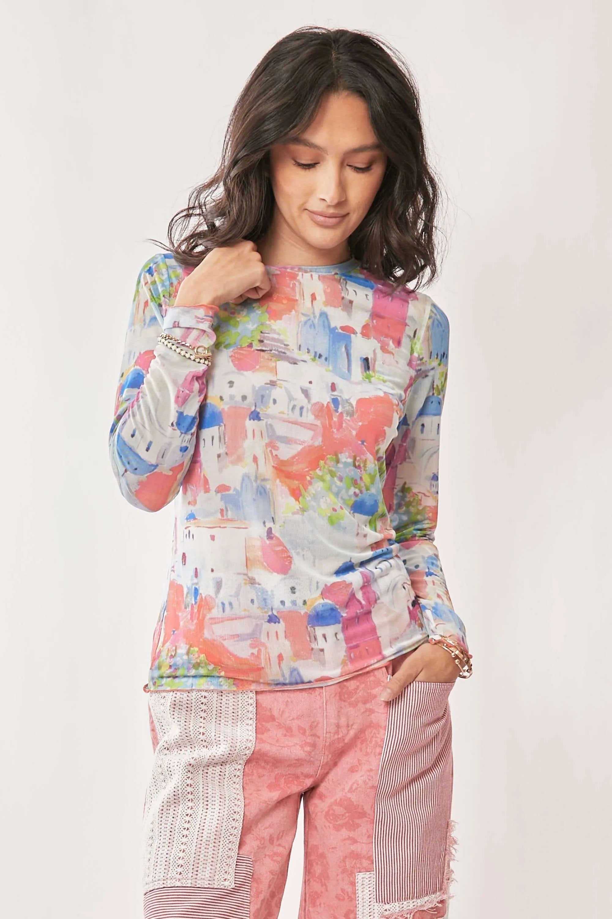 Davi Dani Multi Printed Mesh Round Neck Long Sleeve Top.