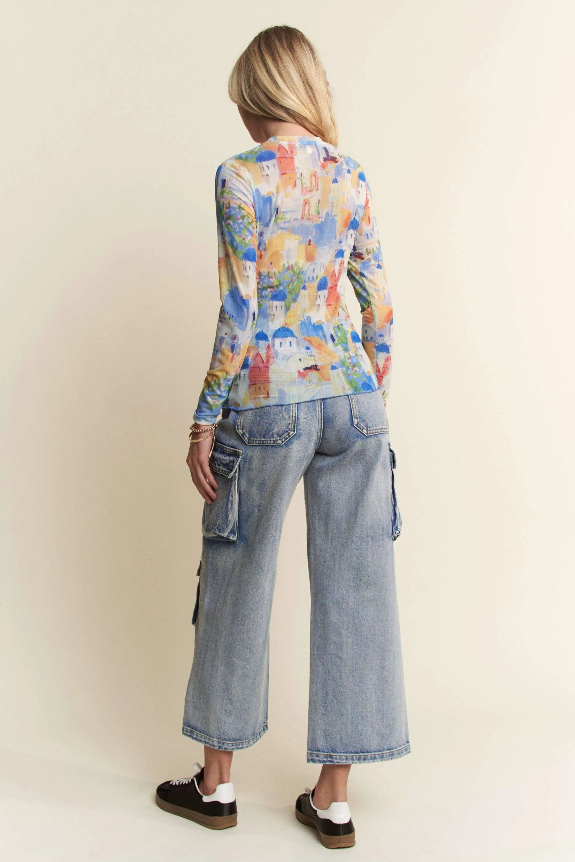 Davi Dani Multi Printed Mesh Round Neck Long Sleeve Top.