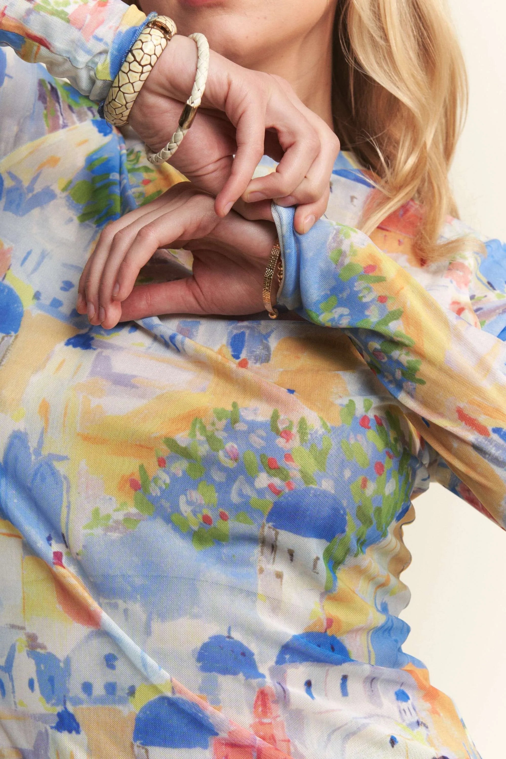 Davi Dani Multi Printed Mesh Round Neck Long Sleeve Top.