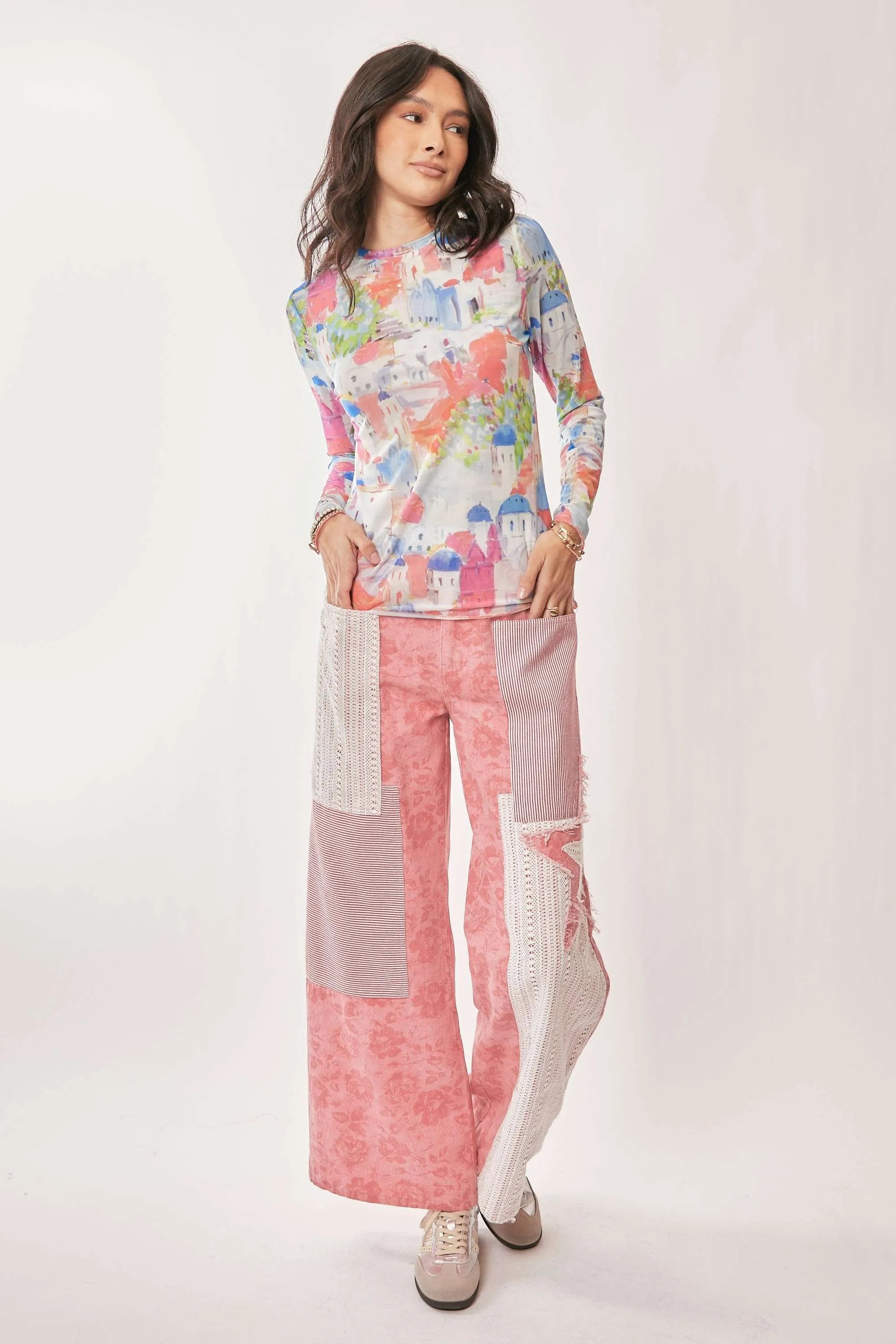 Davi Dani Multi Printed Mesh Round Neck Long Sleeve Top.