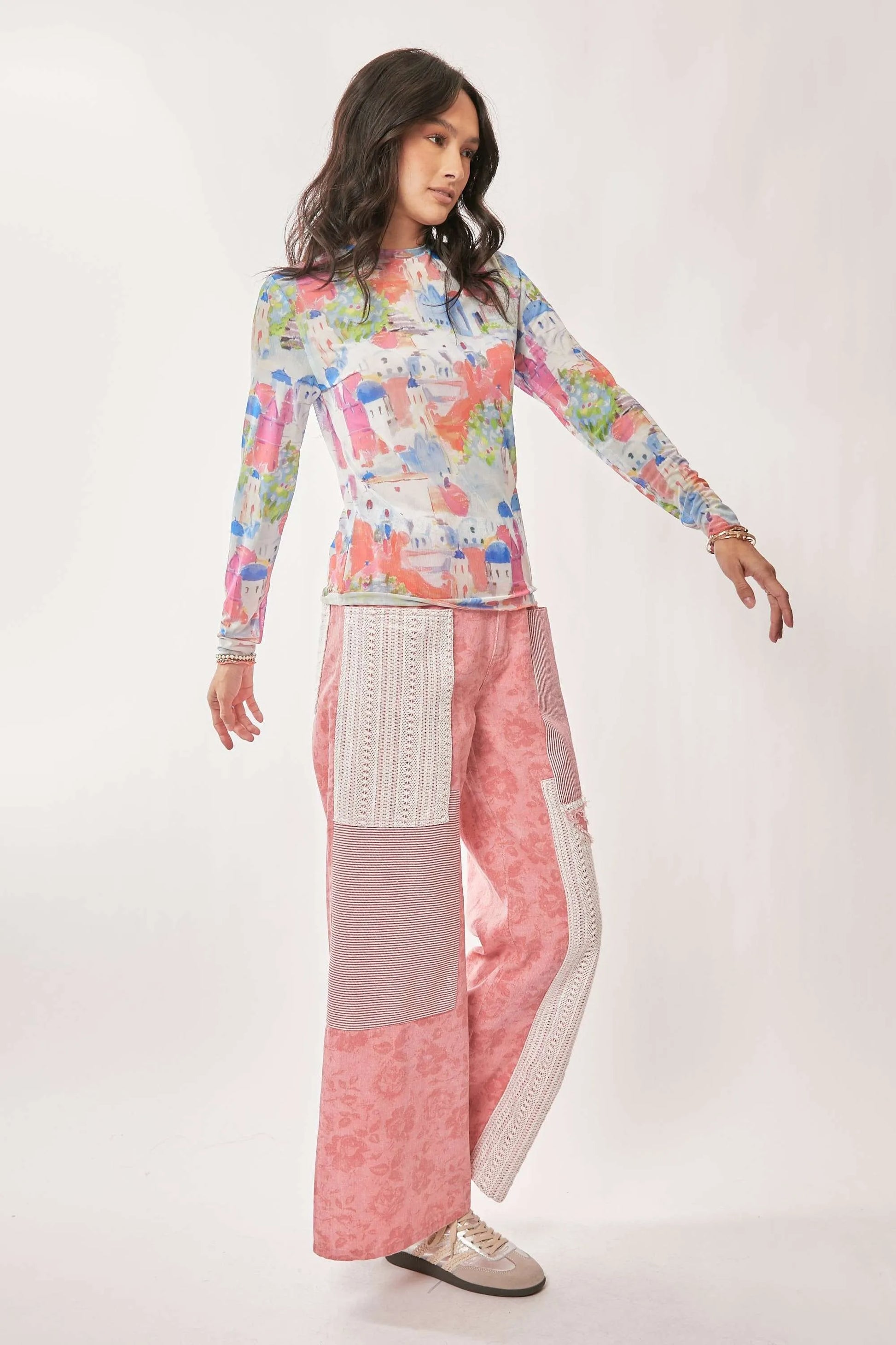 Davi Dani Multi Printed Mesh Round Neck Long Sleeve Top.