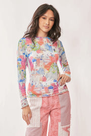 Davi Dani Multi Printed Mesh Round Neck Long Sleeve Top.