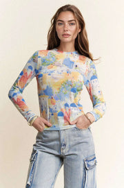 Davi Dani Multi Printed Mesh Round Neck Long Sleeve Top.