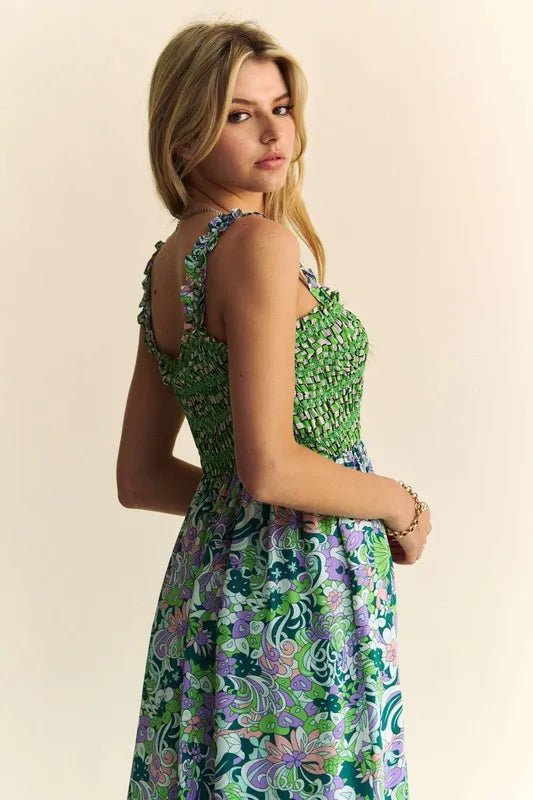 Davi & Dani Multi Smocked Bodice Geo Ruffle Strappy Midi Dress.
