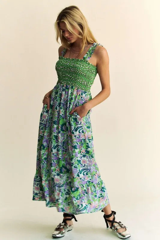 Davi & Dani Multi Smocked Bodice Geo Ruffle Strappy Midi Dress.