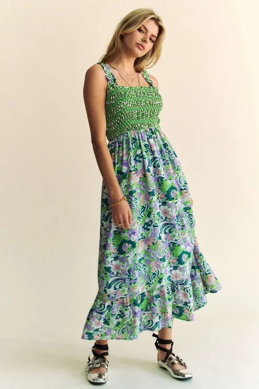 Davi & Dani Multi Smocked Bodice Geo Ruffle Strappy Midi Dress.
