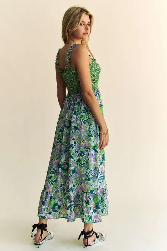 Davi & Dani Multi Smocked Bodice Geo Ruffle Strappy Midi Dress.