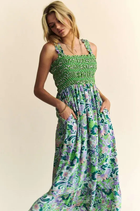 Davi & Dani Multi Smocked Bodice Geo Ruffle Strappy Midi Dress.