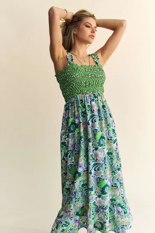 Davi & Dani Multi Smocked Bodice Geo Ruffle Strappy Midi Dress.