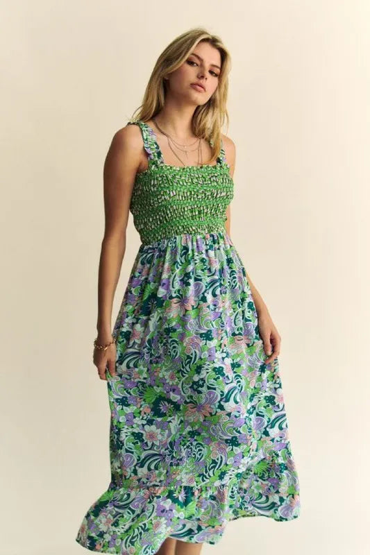 Davi & Dani Multi Smocked Bodice Geo Ruffle Strappy Midi Dress.