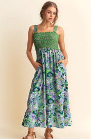 Davi & Dani Multi Smocked Bodice Geo Ruffle Strappy Midi Dress.