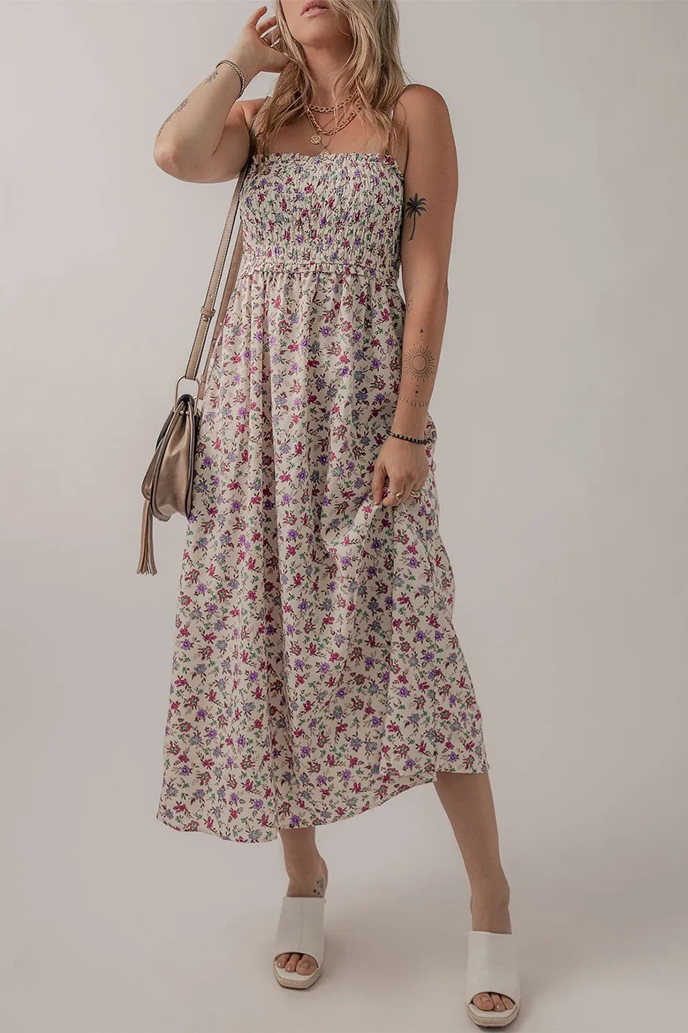 Multicolour Bohemian Ditsy Floral Smocked Fit Flare Sundress.