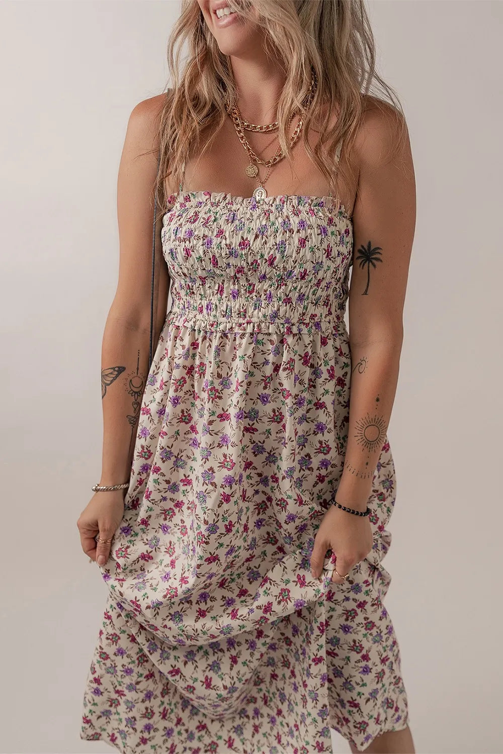 Multicolour Bohemian Ditsy Floral Smocked Fit Flare Sundress.