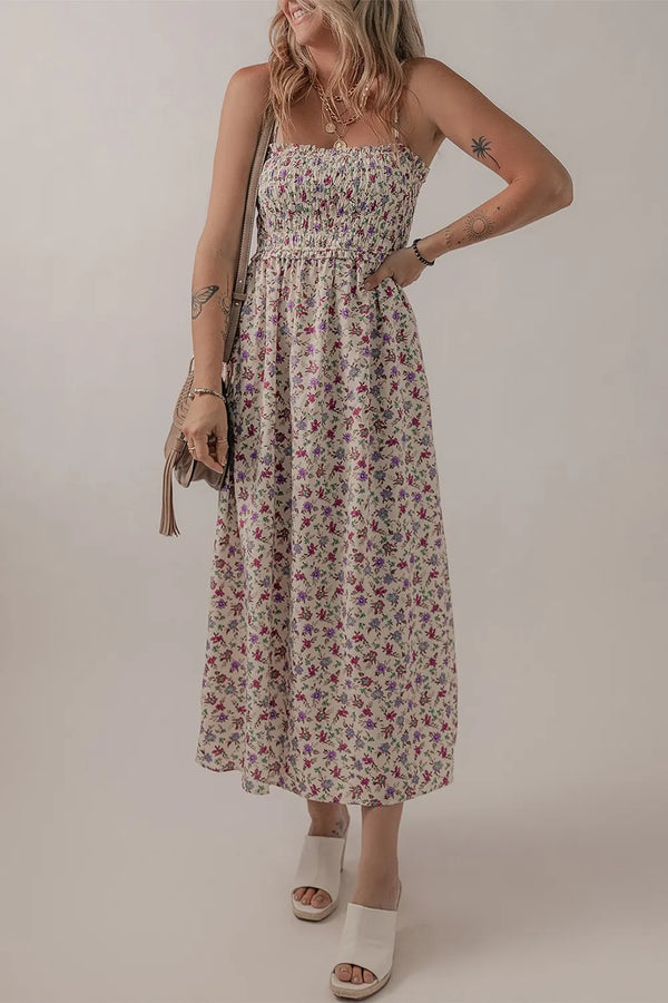 Multicolour Bohemian Ditsy Floral Smocked Fit Flare Sundress.