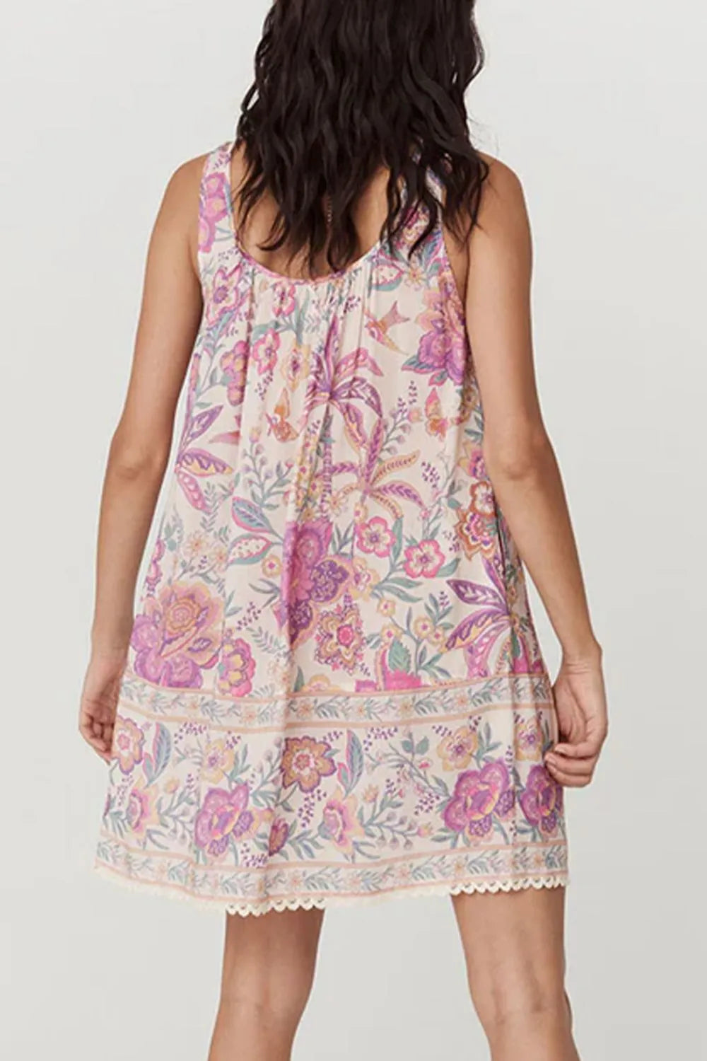 Multicolour Floral Tie Neck Sleeveless Mini Dress.