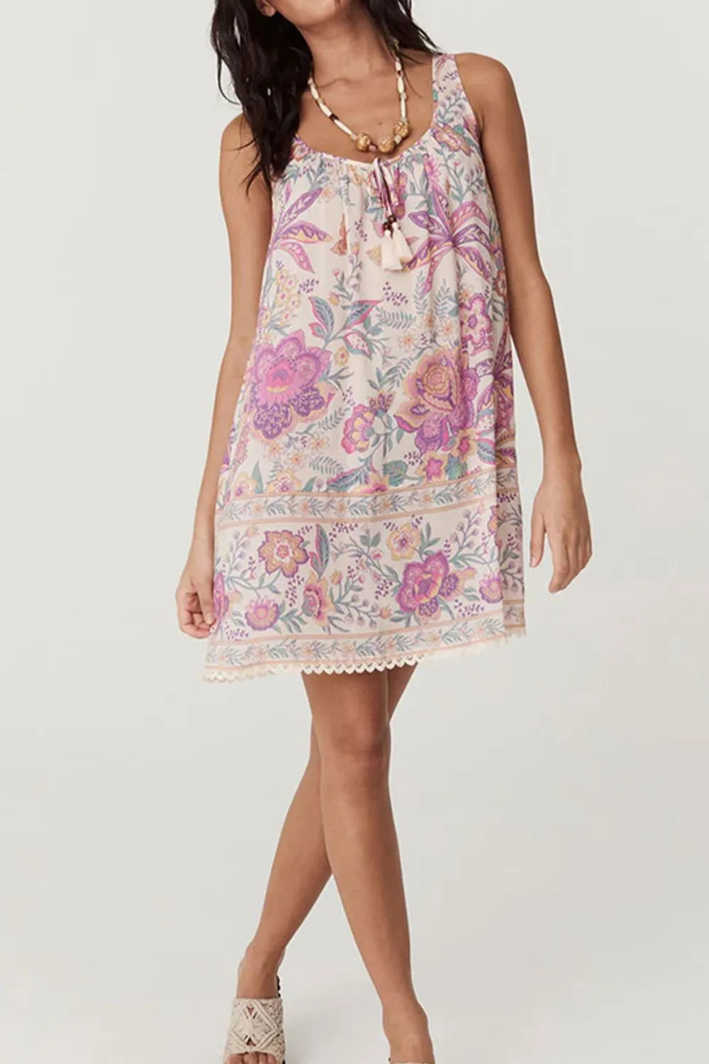 Multicolour Floral Tie Neck Sleeveless Mini Dress.