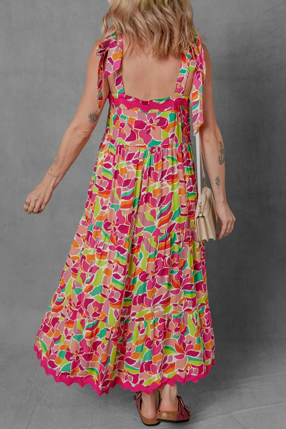 Multicolour Floral Tied Straps Ricrac Trim Maxi Dress.