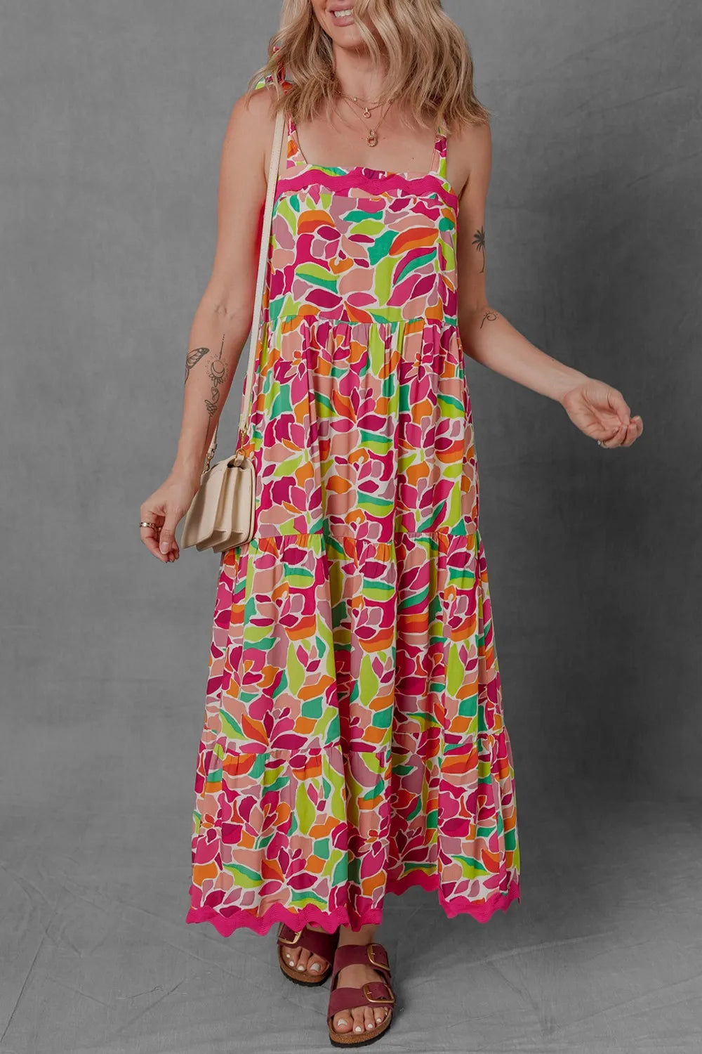 Multicolour Floral Tied Straps Ricrac Trim Maxi Dress.