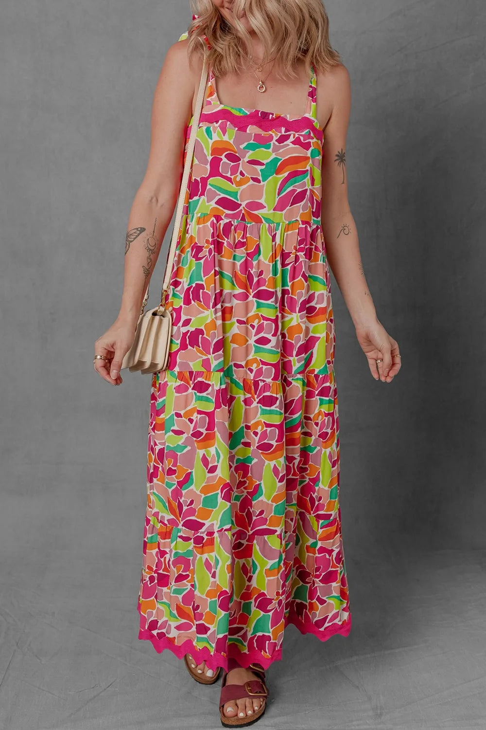 Multicolour Floral Tied Straps Ricrac Trim Maxi Dress.