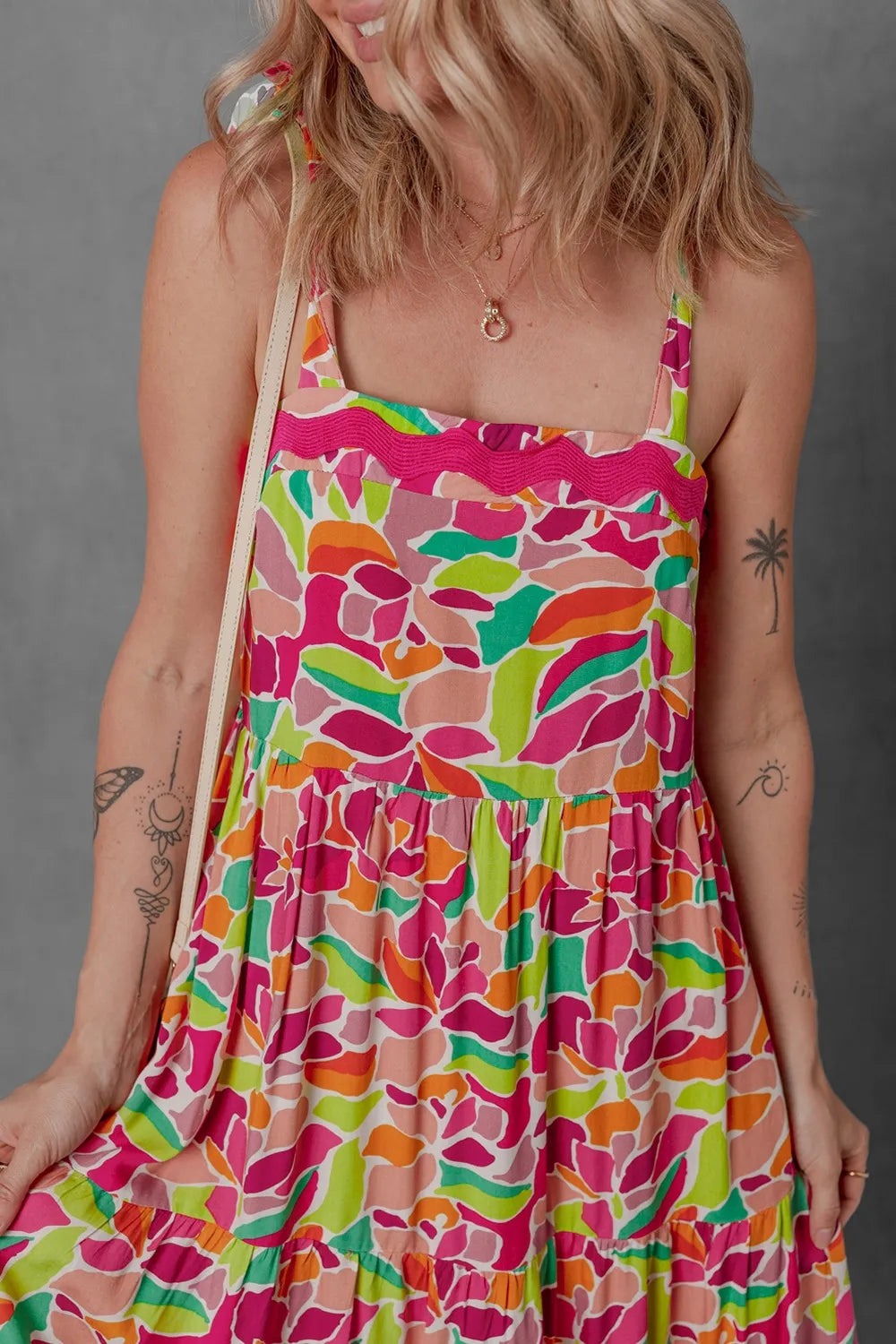 Multicolour Floral Tied Straps Ricrac Trim Maxi Dress.