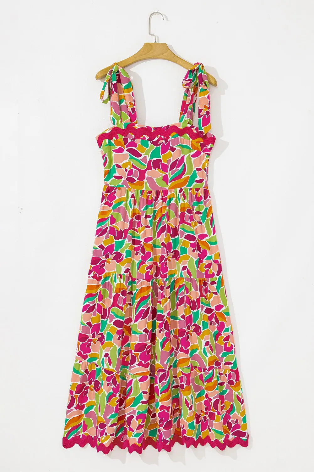 Multicolour Floral Tied Straps Ricrac Trim Maxi Dress.