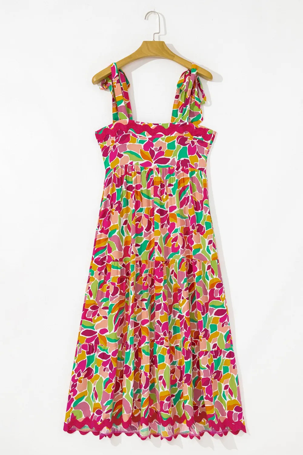 Multicolour Floral Tied Straps Ricrac Trim Maxi Dress.