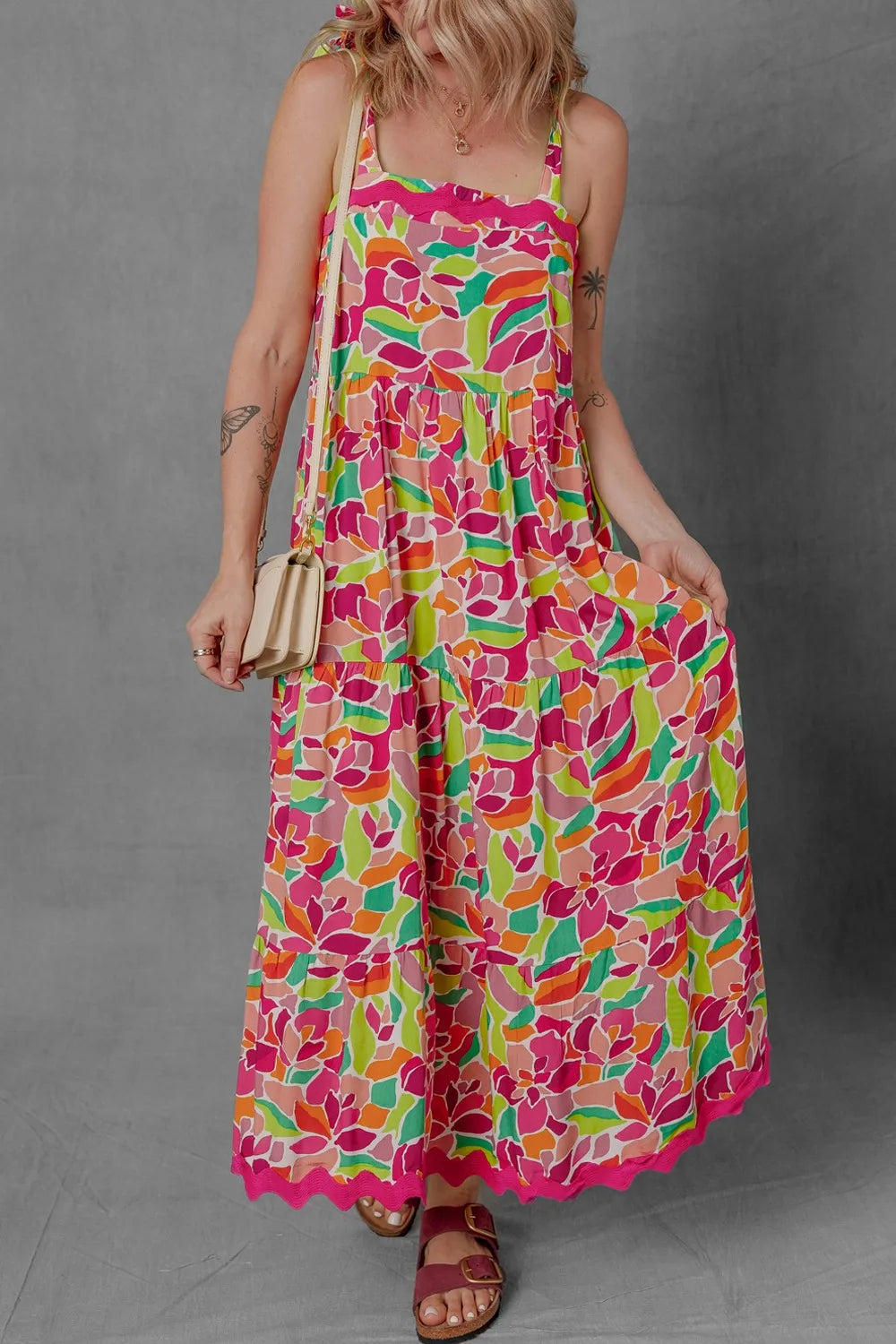 Multicolour Floral Tied Straps Ricrac Trim Maxi Dress.