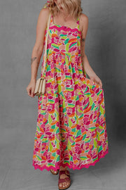 Multicolour Floral Tied Straps Ricrac Trim Maxi Dress.